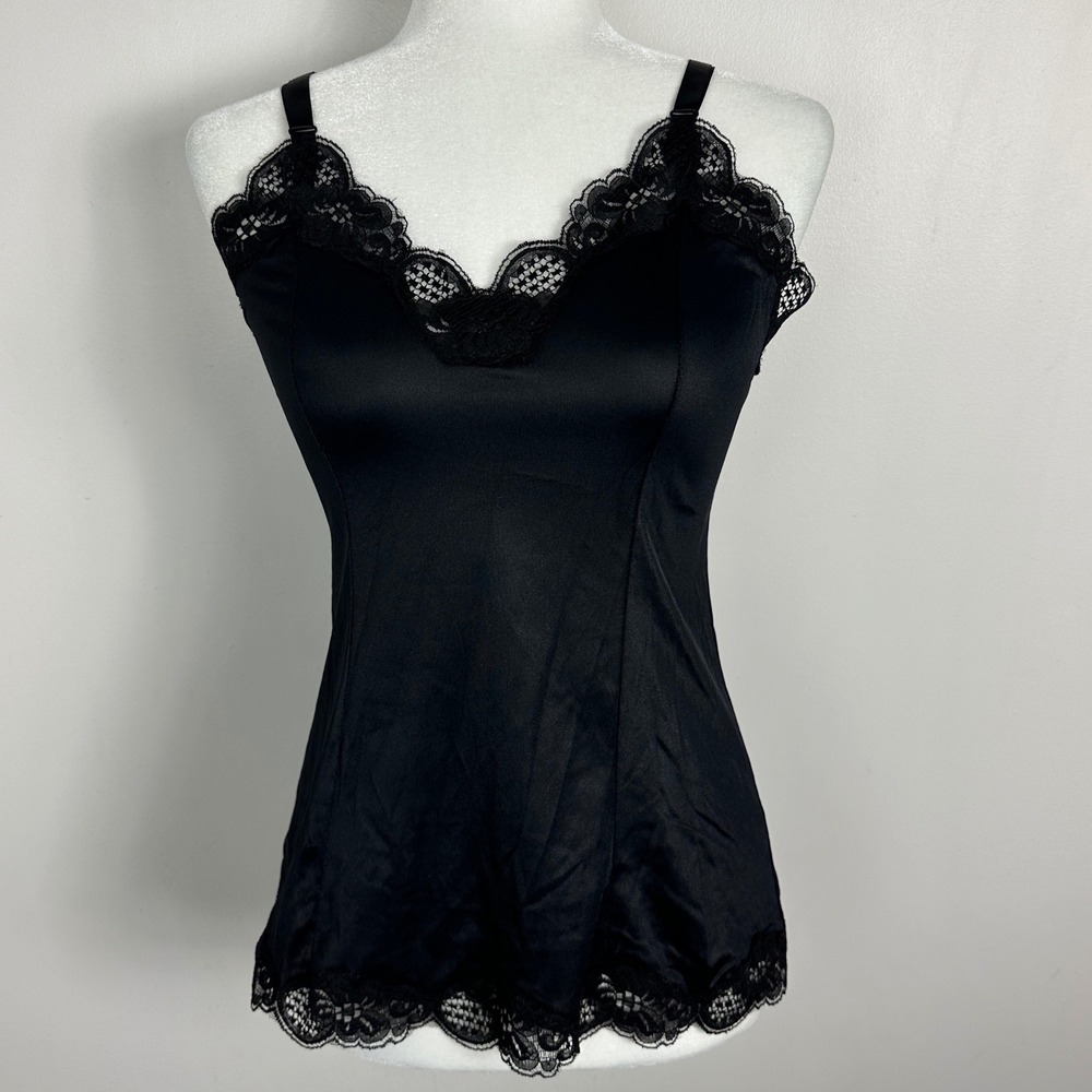 Vintage Y2K Deadstock Lace Trim‎ Black Tank Top Satin Womens Size Medium 90s NEW